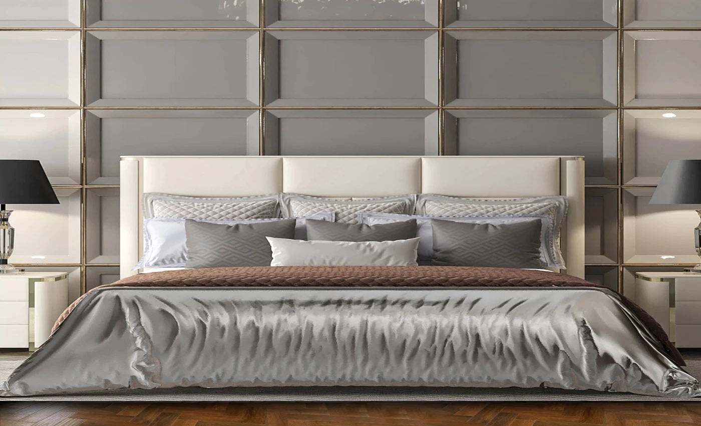 Modern Leather Upholstered Bed With Chrome Detail